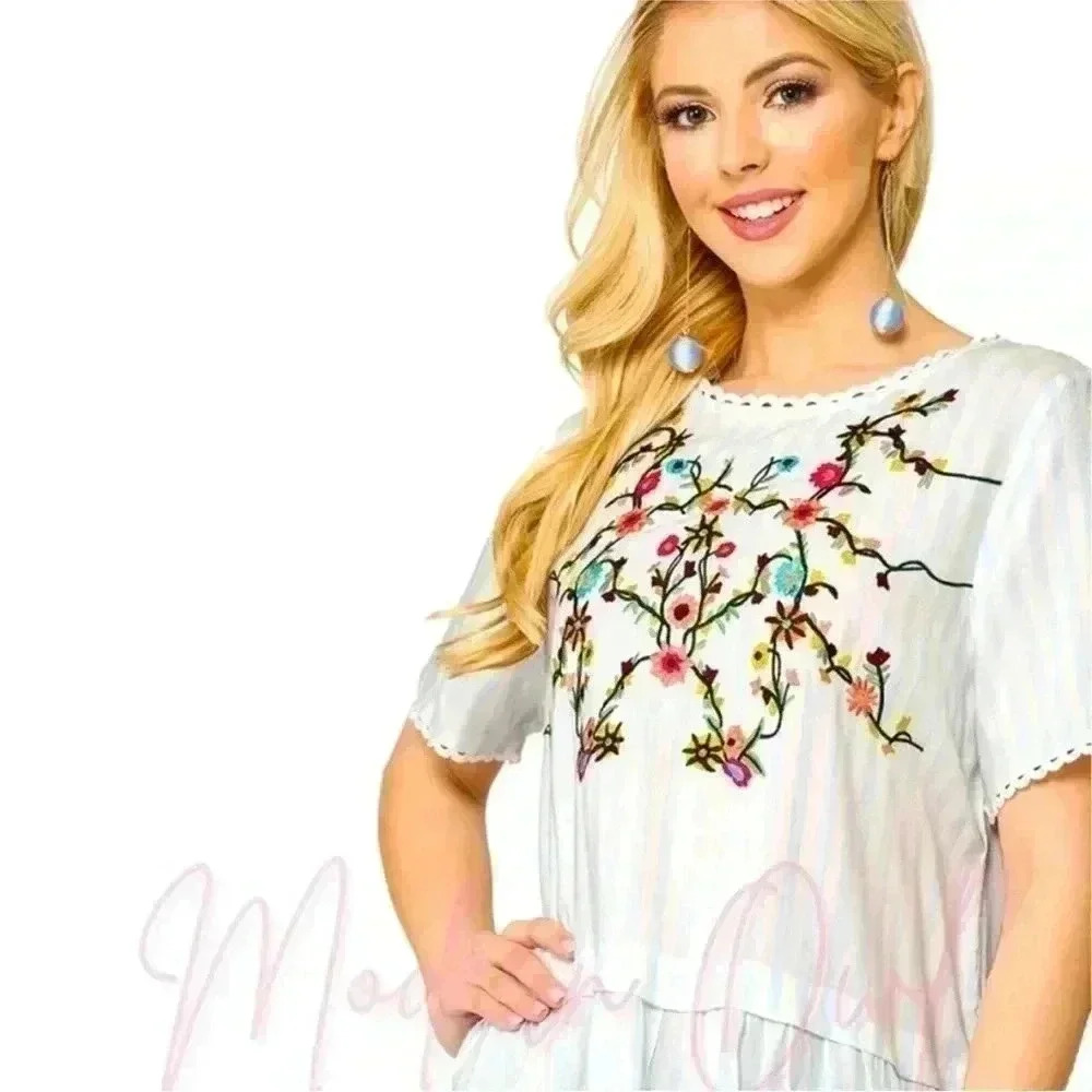 PS 10 | Striped Embroidered Peplum Top with Scalloped Edges